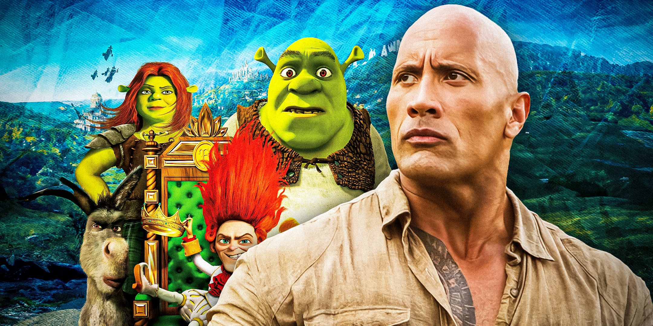 Cutouts of Shrek Forever After & Jumanji: Welcome to the Jungle against a blue-green fantastical background.