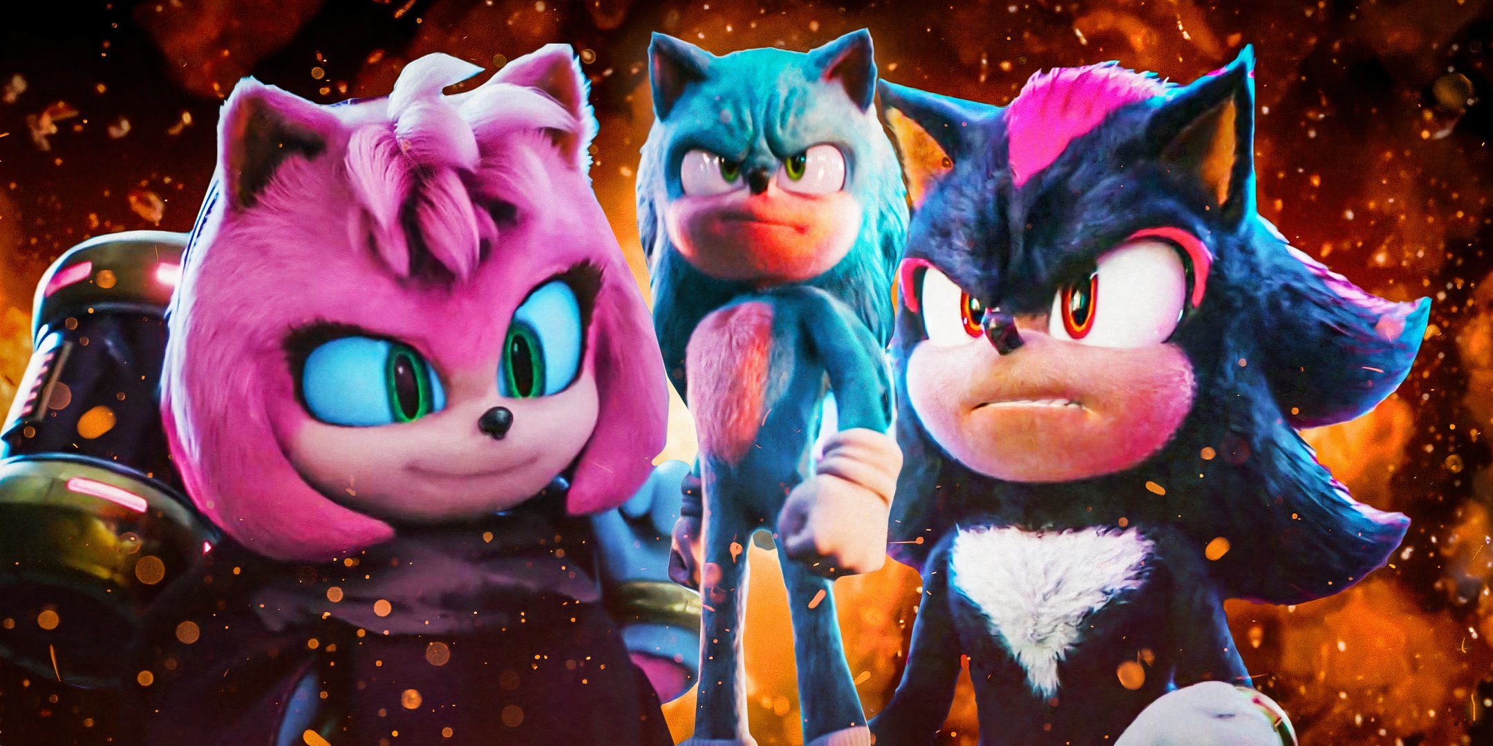Amy Rose holding her hammer, Sonic looking angry, and Shadow looking angry in Sonic the Hedgehog 3 (2024)