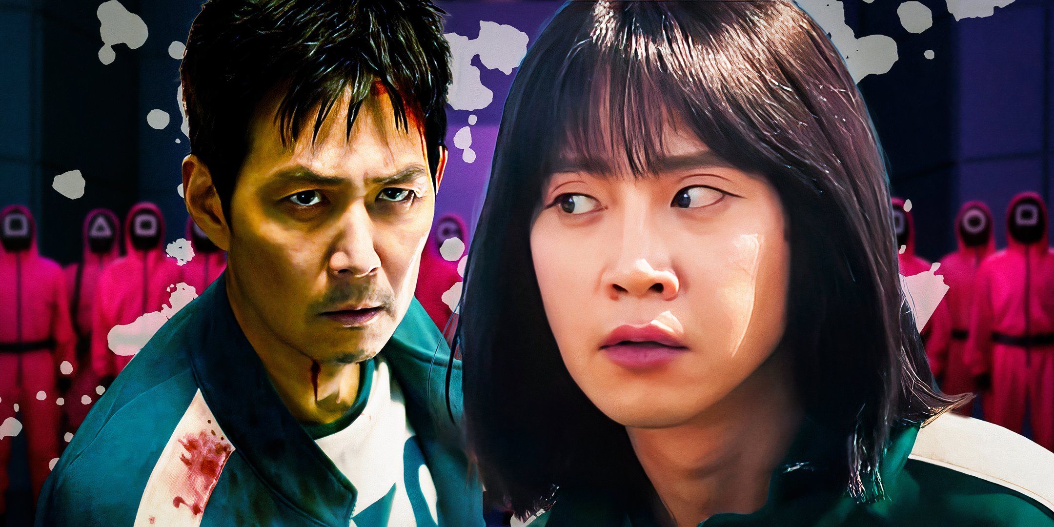 Отредактированное изображение Ги-хуна и Хён-джу в "Игре в кальмара" 2 сезона с несколькими "Маскированными мужчинами" на заднем плане.