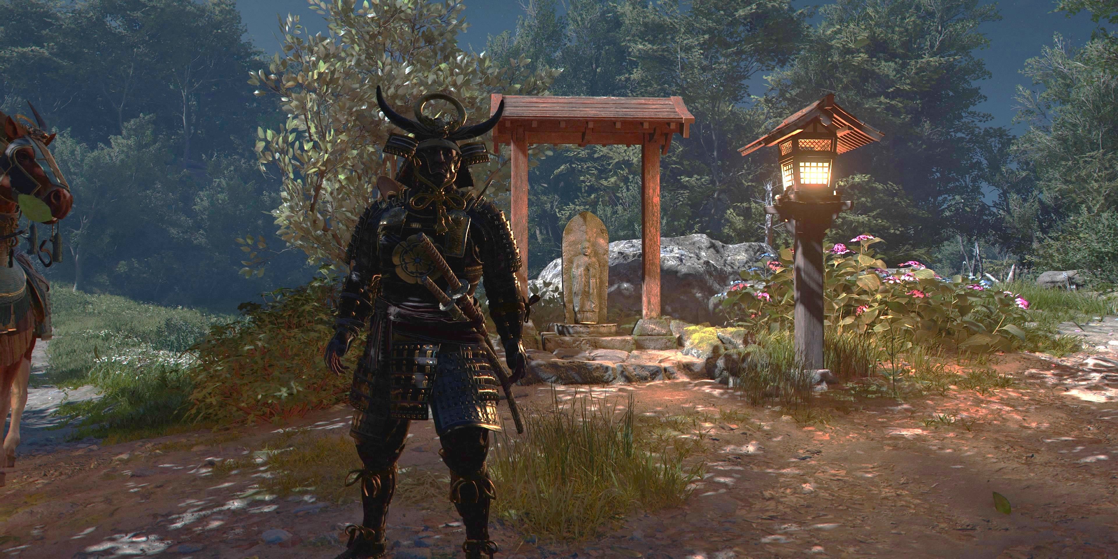 Yasuke in Yamashiro at a Jizo Statue in Assassin's Creed Shadows.