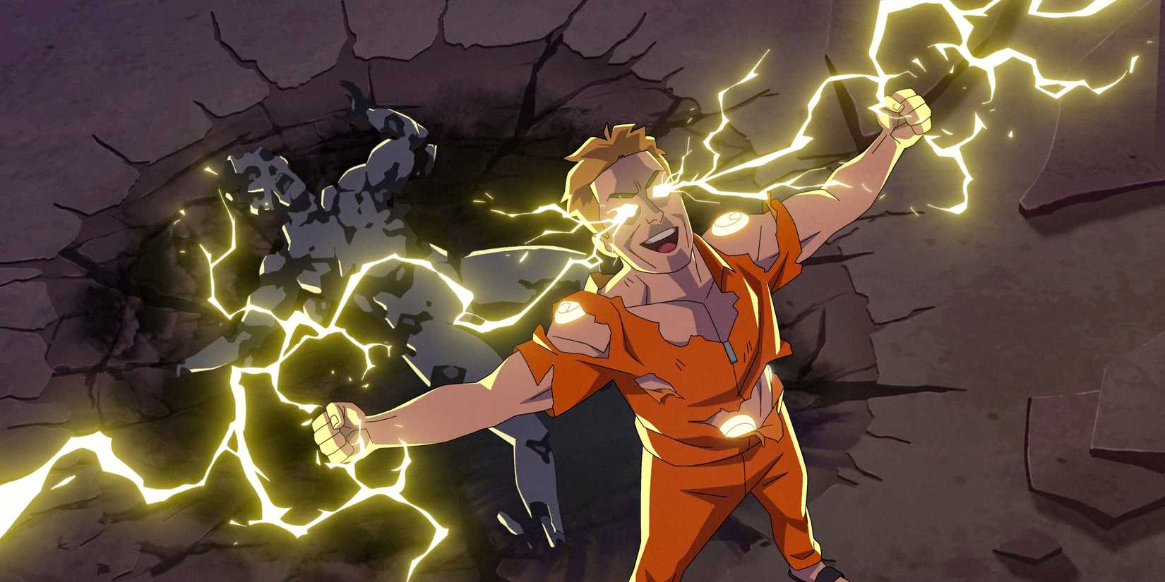 Powerplex celebrando em frente a uma variante morta de Mark Grayson em Invincible