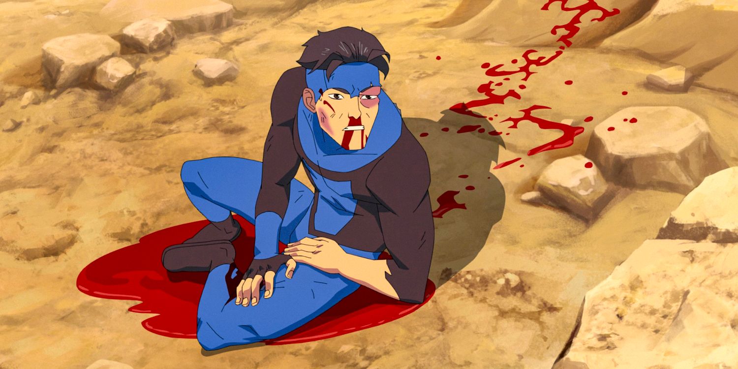 Invincible seduto in una pozza di sangue nella stagione 3 episodio 8