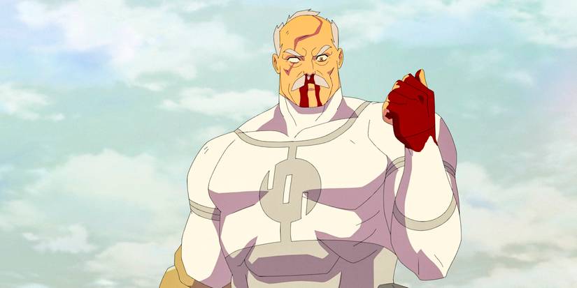 Conquest holding out his bloody hand and looking down in Invincible Season 3 Ep 8