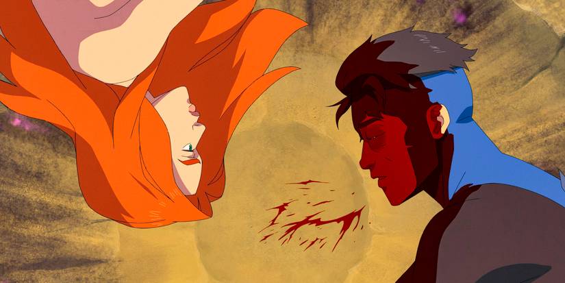 Atom Eve e Mark deitados no chão, feridos após enfrentar Conquest na 3ª Temporada de Invincible Ep 8