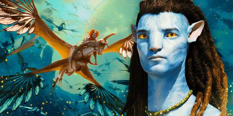 Jake Sully in Avatar the Way of Water Next to a Flying Creature