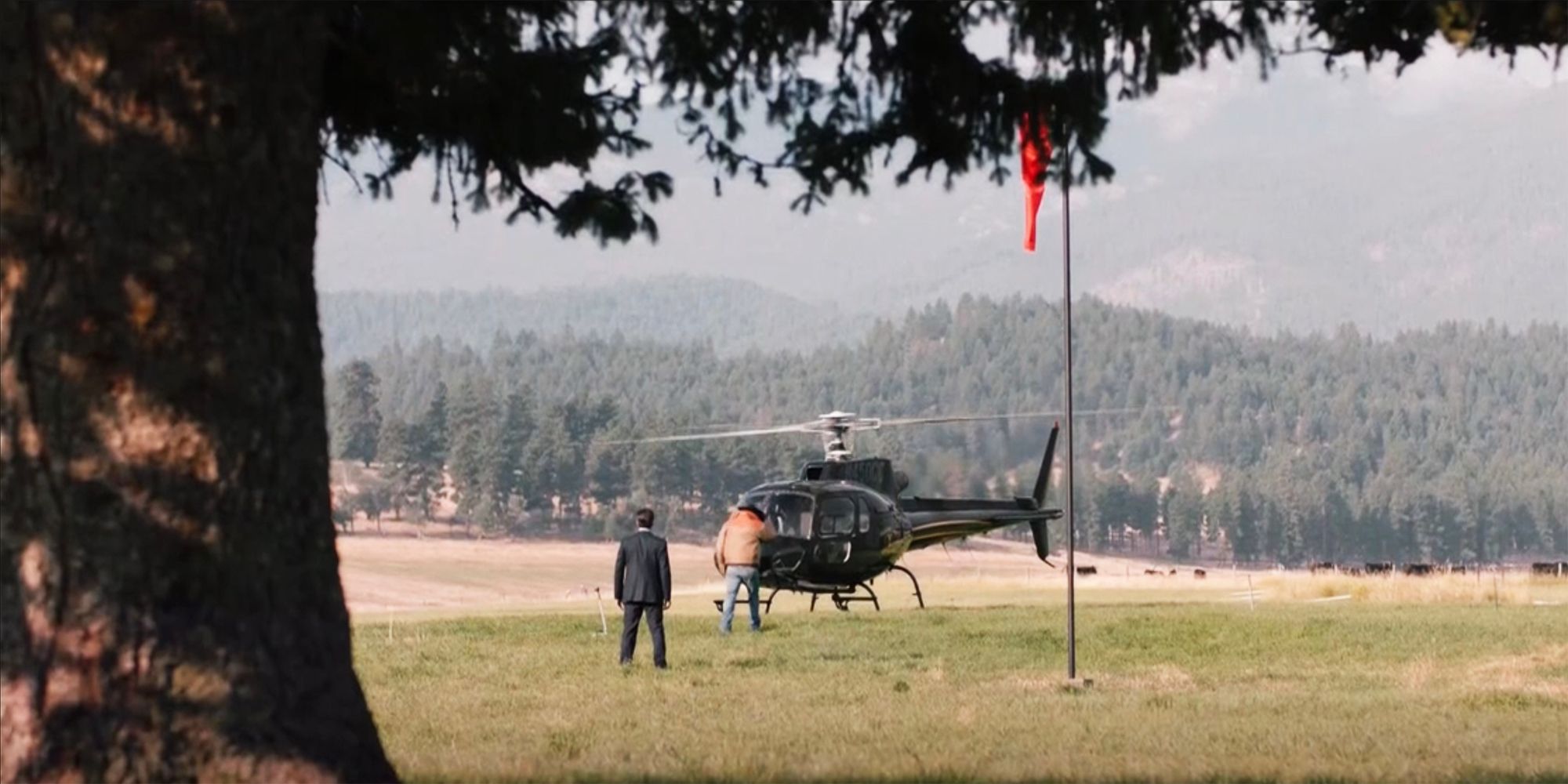 John Dutton walking to his helicopter in the Yellowstone series premiere