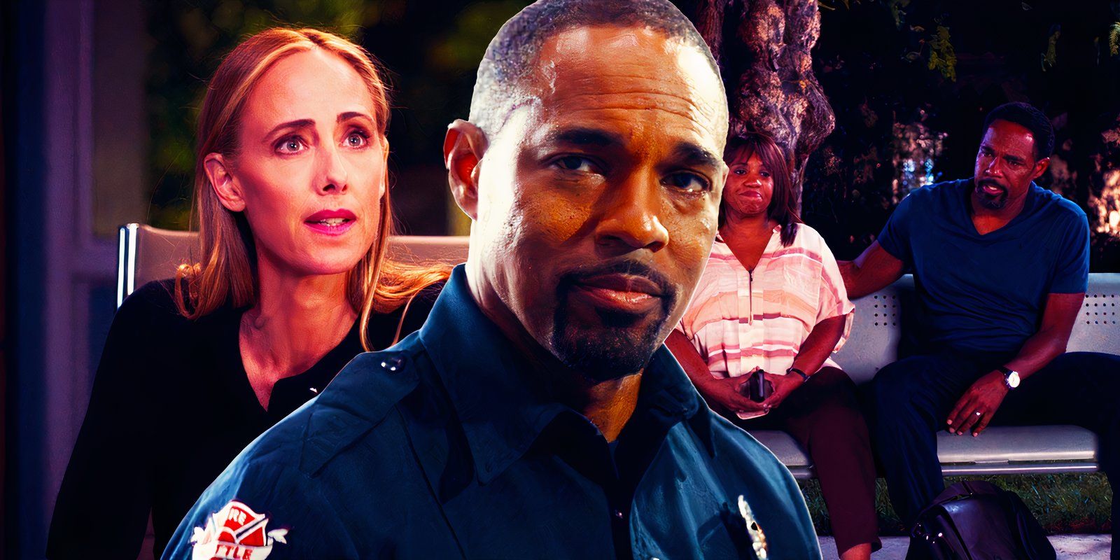 Kim Raver as Teddy Altman and Chandra Wilson as Miranda Bailey in Grey's Anatomy season 21, with a still of Jason George as Ben Warren in Station 19 season 7