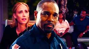Kim Raver as Teddy Altman and Chandra Wilson as Miranda Bailey in Grey's Anatomy season 21, with a still of Jason George as Ben Warren in Station 19 season 7
