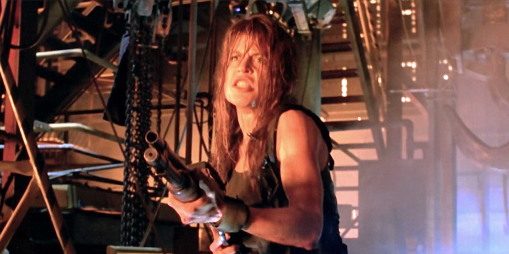 Linda Hamilton's Sarah Connor wields a big gun in Terminator 2: Judgment Day's ending