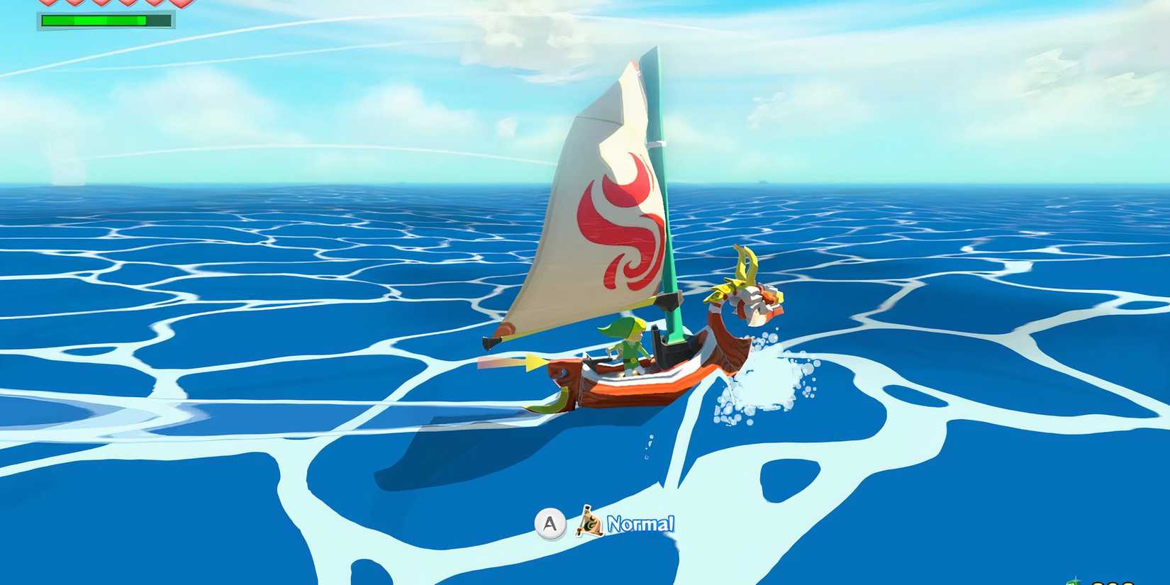 Link sailing on his boat on the sea in Wind Waker.