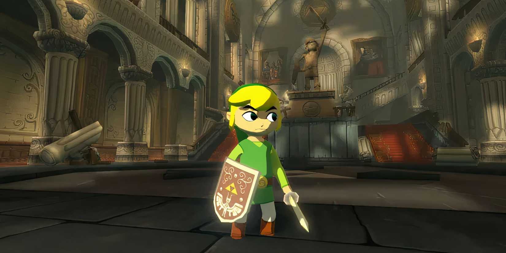 Link standing with his sword and shield out in Wind Waker.