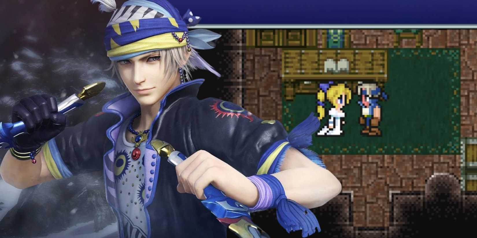 Locke from Dissidia Final Fantasy over an image of him and Celes from Final Fantasy 6