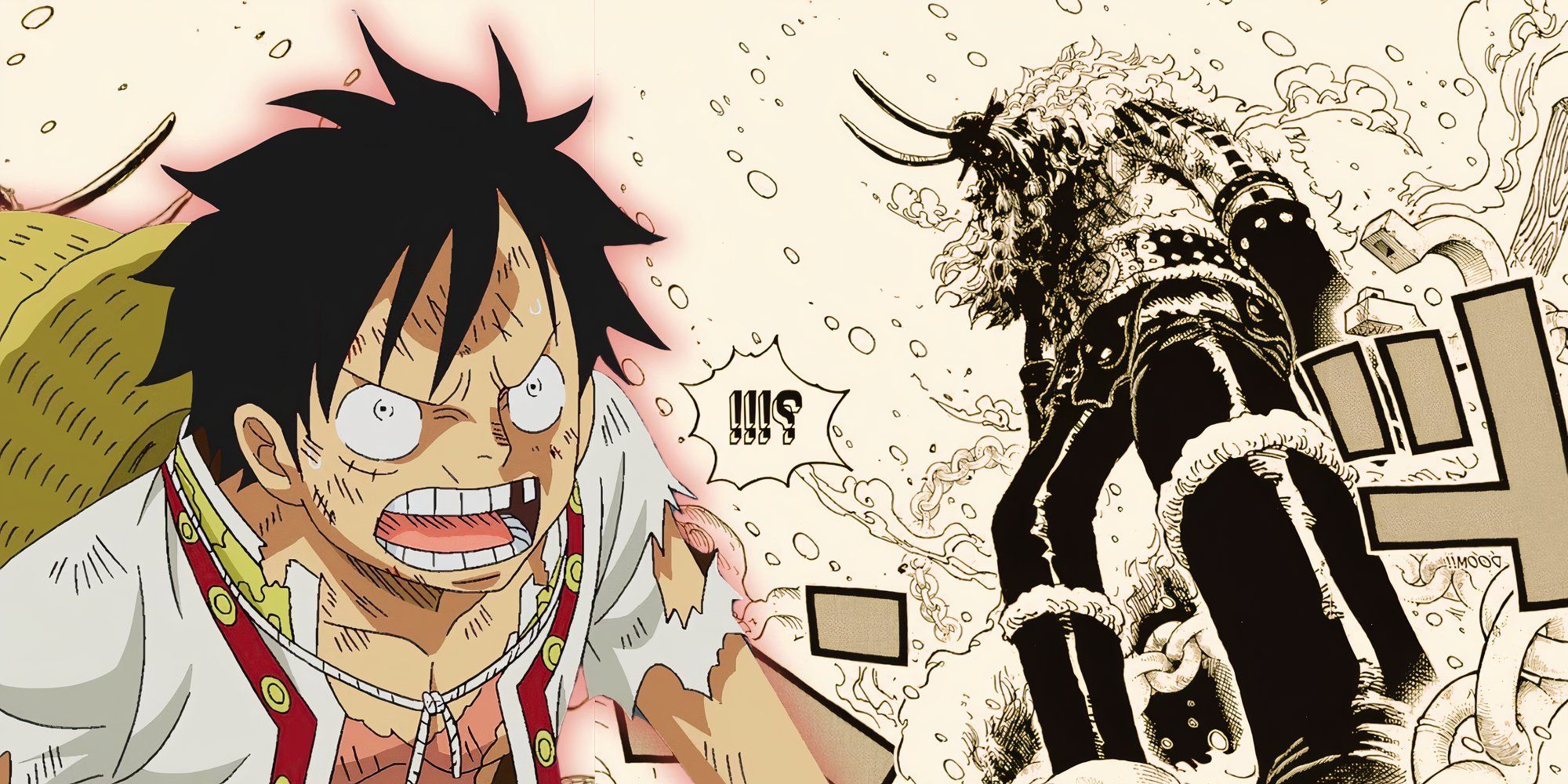 Luffy stares with concern as Loki stands menacingly in the bg