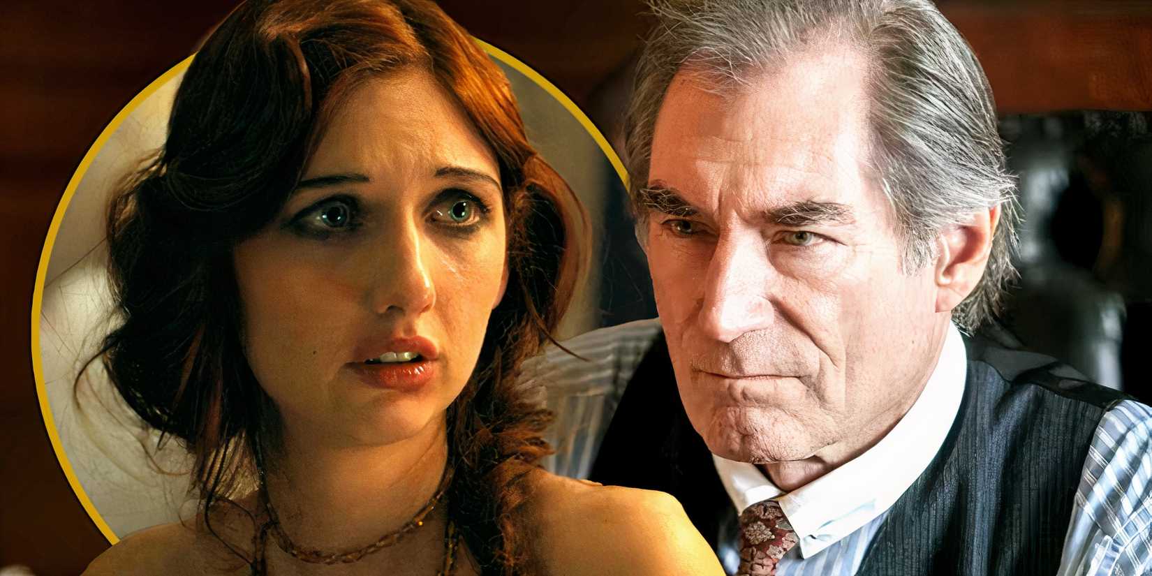 Madison Elise Rogers as Lindy looking worried and Timothy Dalton as Donald looking sinister in 1923