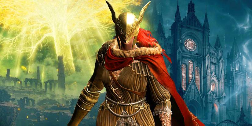 Malenia aus Elden Ring mit der Akademie von Raya Lucaria und dem Erdbaum.