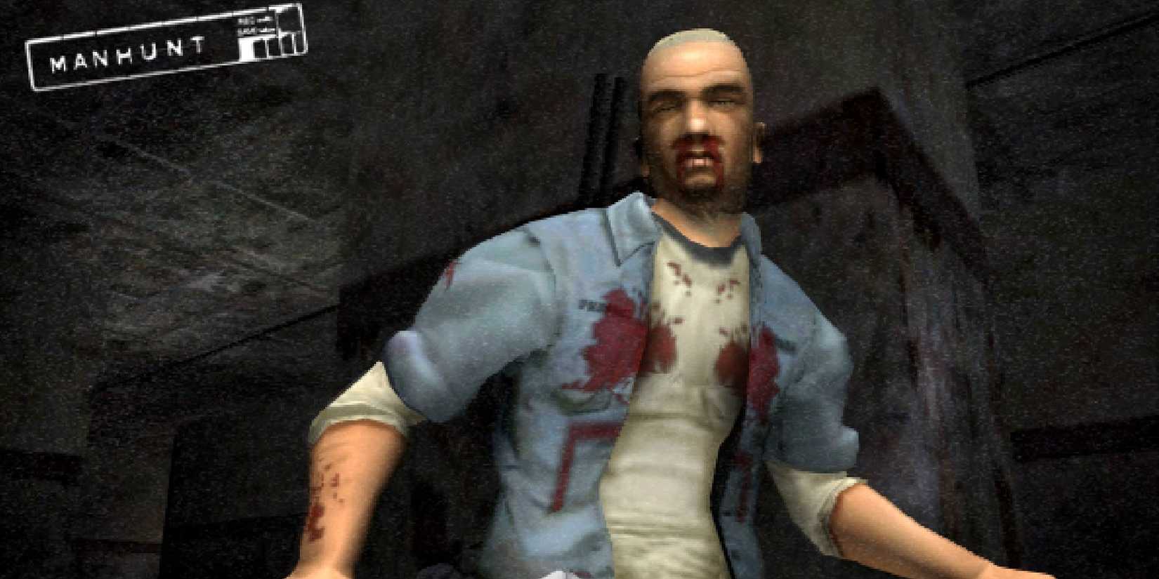 The protagonist of man hunting covered with blood.