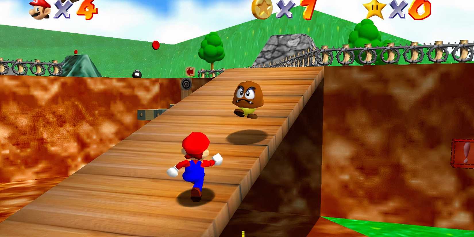 Mario running towards a Goomba in Super Mario 64.