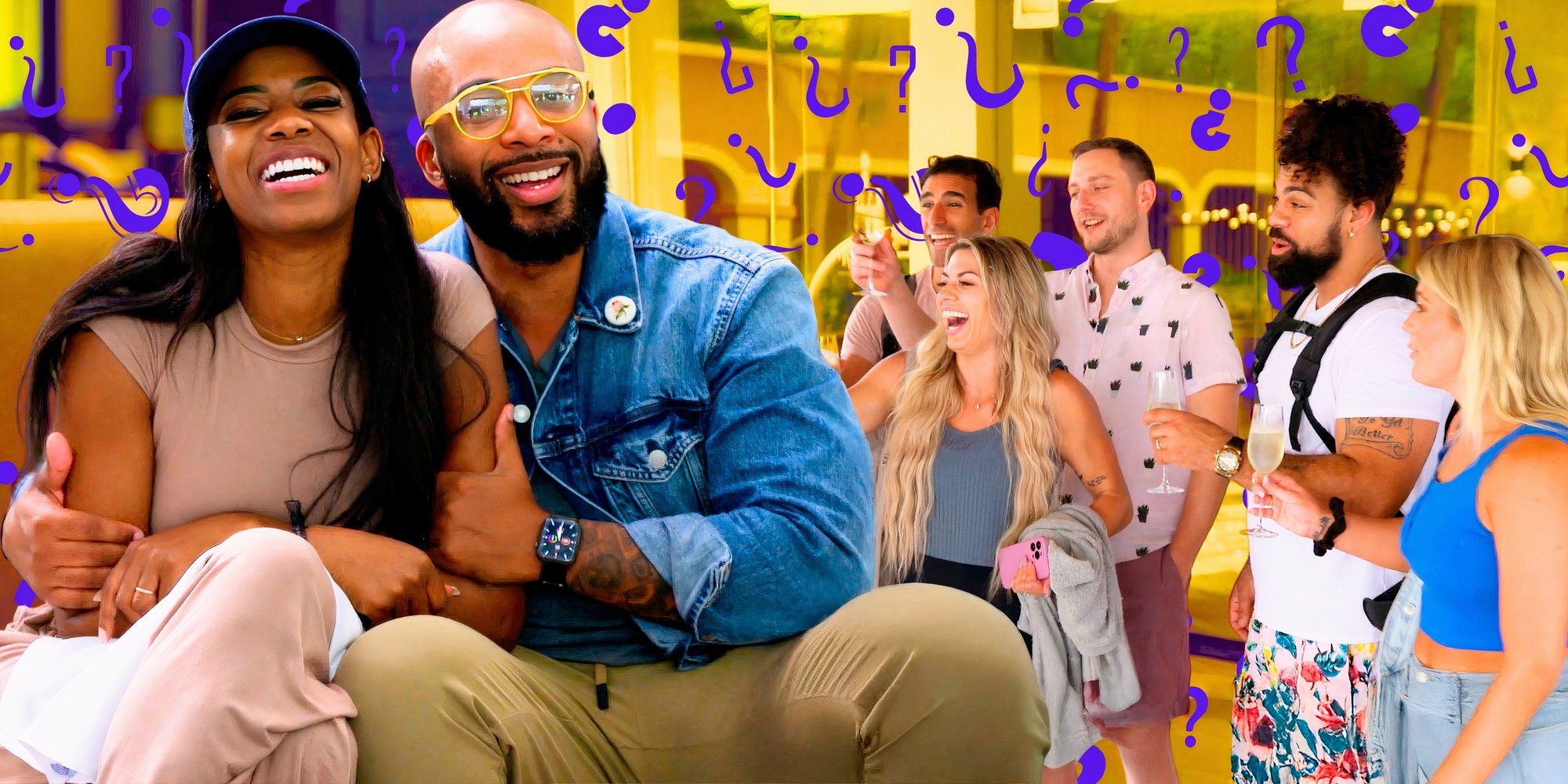 married at first sight season 18 cast members smiling with purple question marks in background