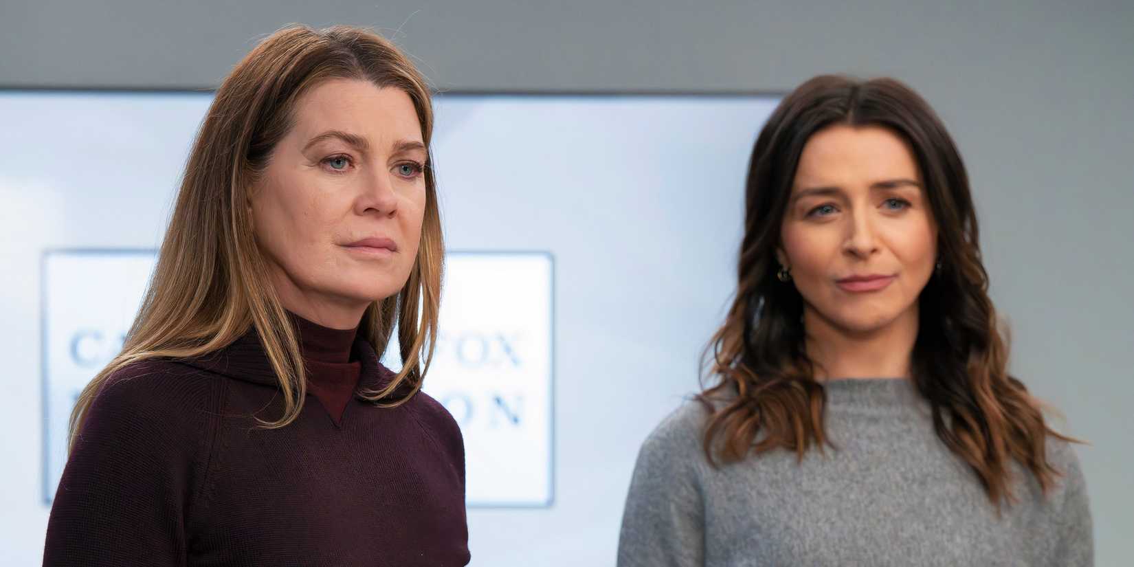 Meredith e Amelia com expressões sérias em Grey's Anatomy, temporada 21, episódio 12