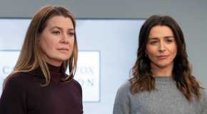 Meredith and Amelia with serious expressions in Grey's Anatomy season 21 episode 12