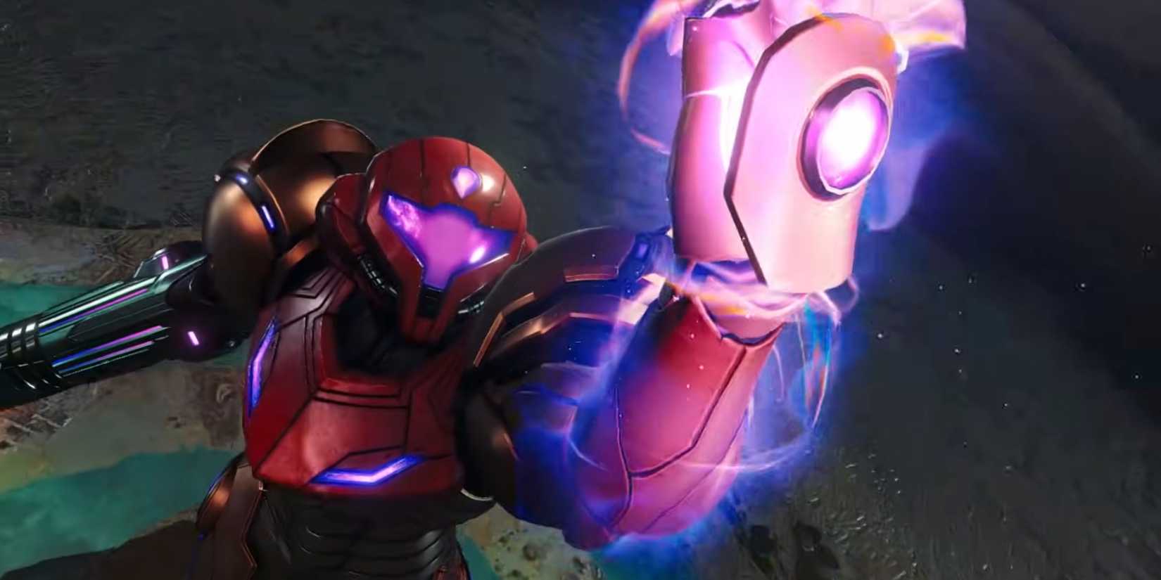 Metroid Prime 4's Samus holding up her fist, which is glowing purple