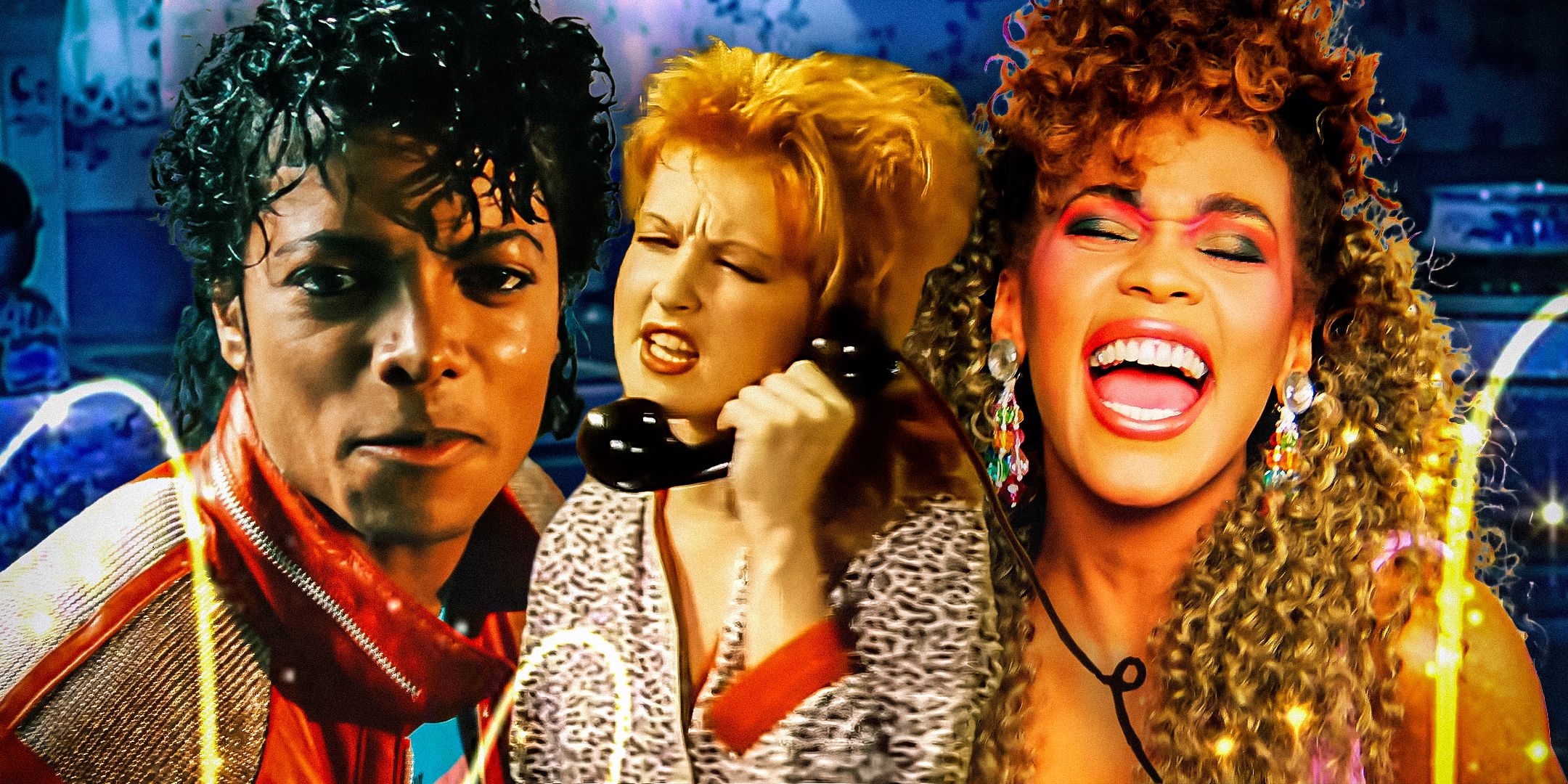 Michael Jackson in Beat It, Cyndi Lauper in Girls Just Wanna Have Fun, and Whitney Houston in I Wanna Dance With Somebody all edited together.