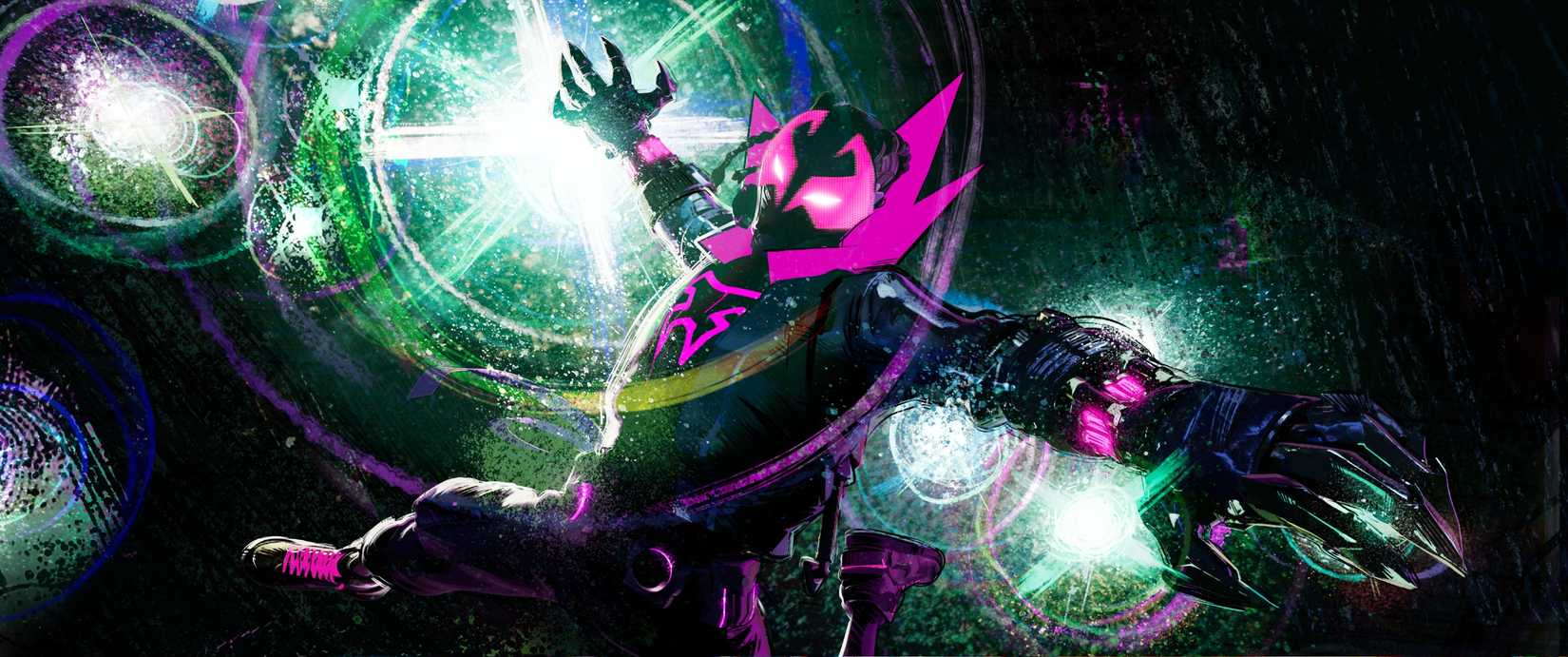 Miles G Morales Prowler Surrounded By Light Bursts In Spider-Man Beyond the Spider-Verse