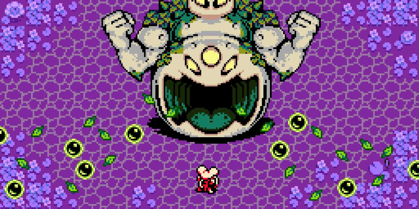 Mina goes up against a large monster in Mina the Hollower. The monster's face sits at the bottom of its body, while its arms can be seen flexing above.