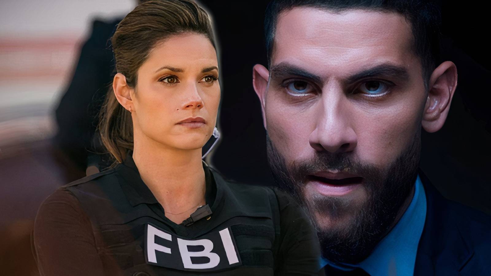 Missy Peregrym as Maggie looking serious next to Zeeko Zaki as OA interrogating someone in FBI