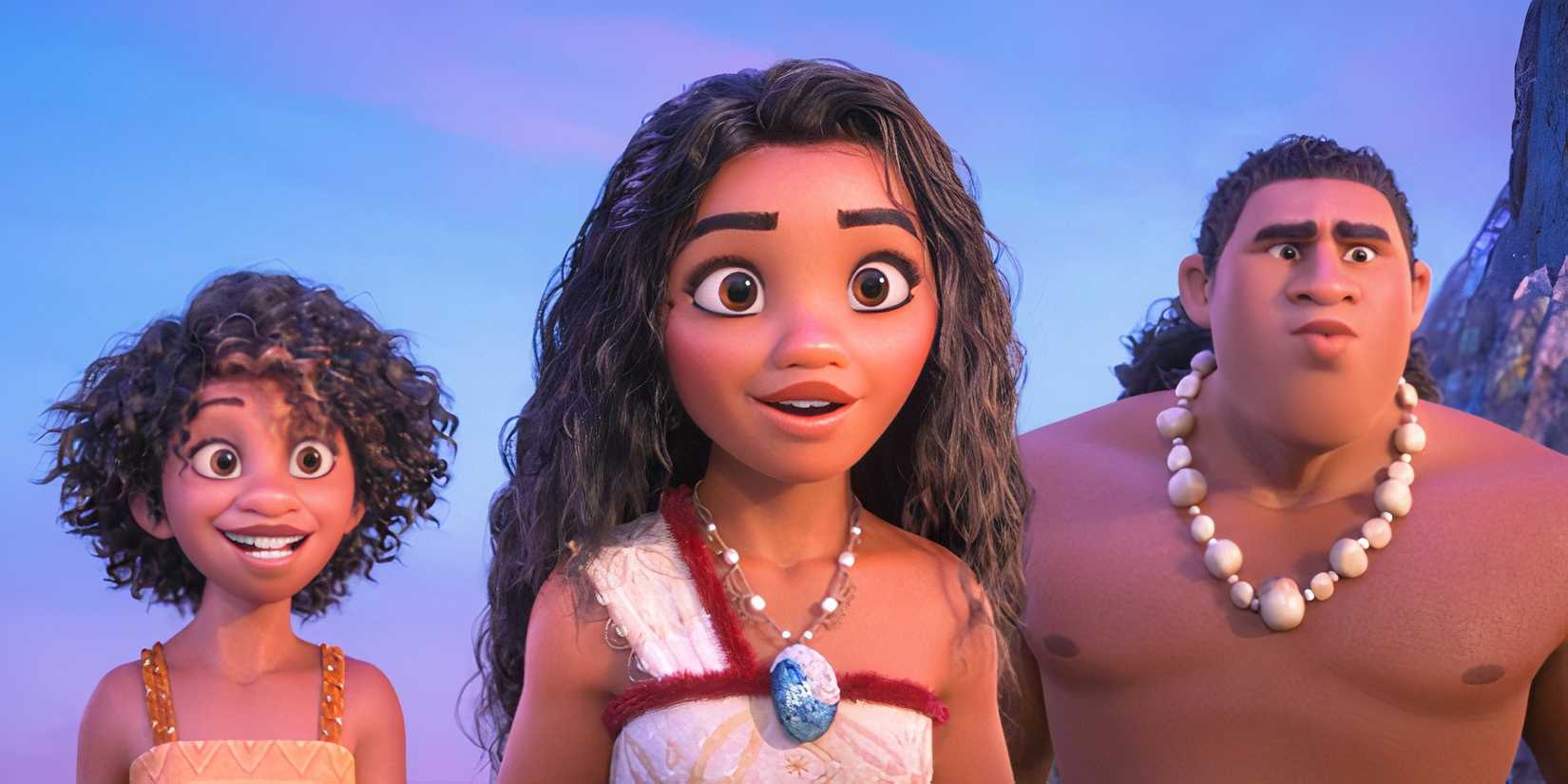 Moana, Loto, and Moni, smiling and looking outward in Moana 2