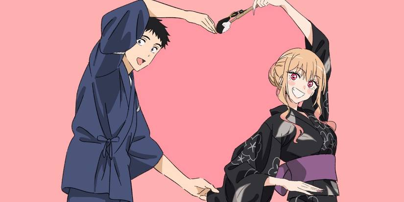 My Dress-Up Darling - Marin and Gojo forming a heart with their arms and a hina doll
