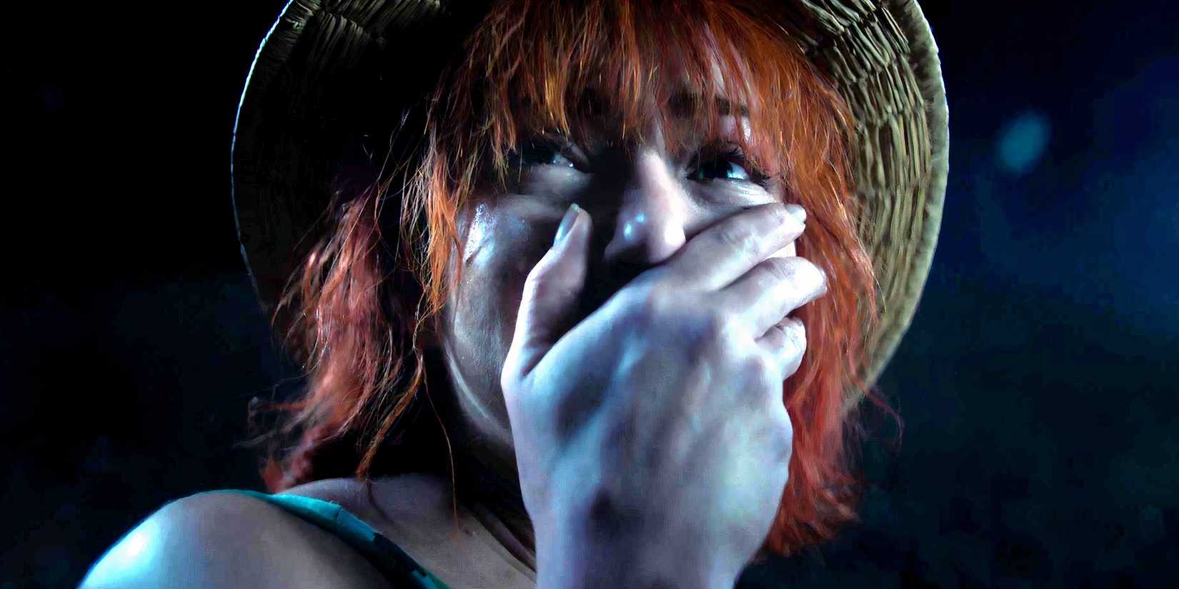 Nami crying while having her hand over her mouth in One Piece season 1