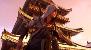 Naoe Takeda kneeling in front of a Castle in Assassin's Creed Shadows.