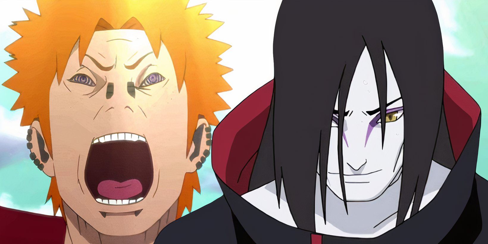 Naruto's Pain yelling his attack with Orochimaru with head slightly bowed