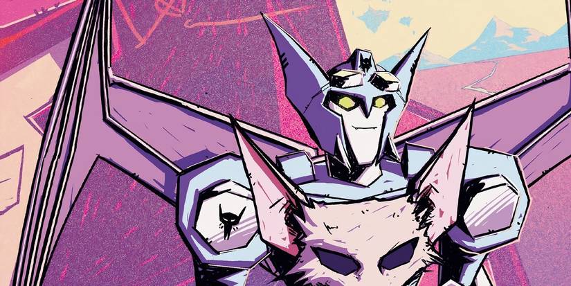 Nyx from Beast Wars: Transformers, against a multi-color background