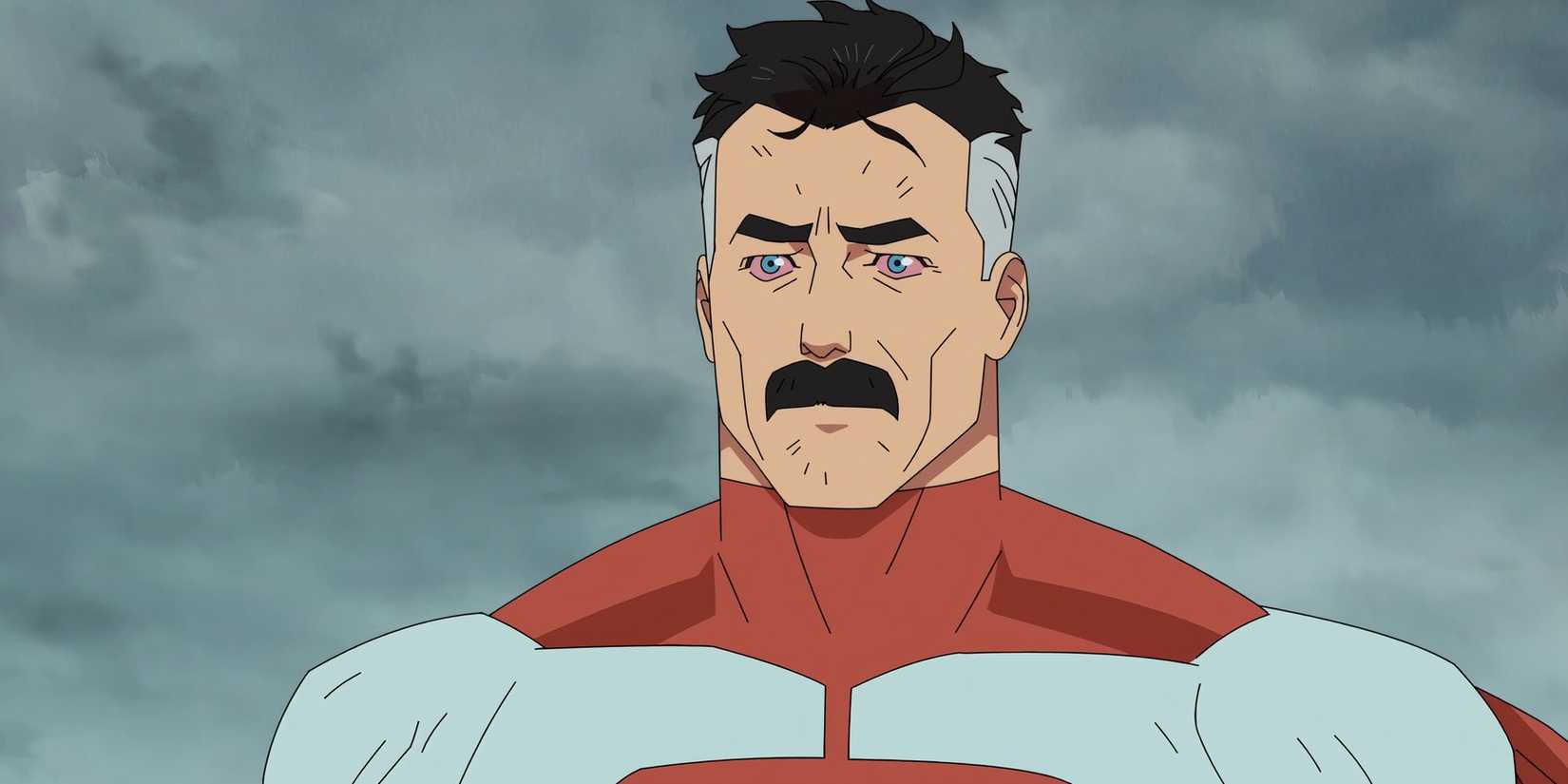 Omni-Man olhando para frente com olhos injetados de sangue em Invincible