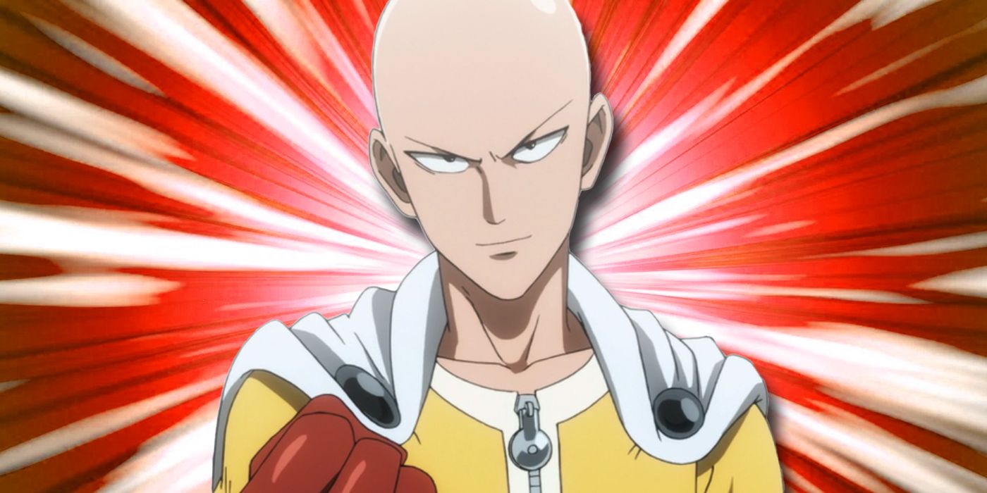 Saitama in front of a red background with a resolute look on his face.