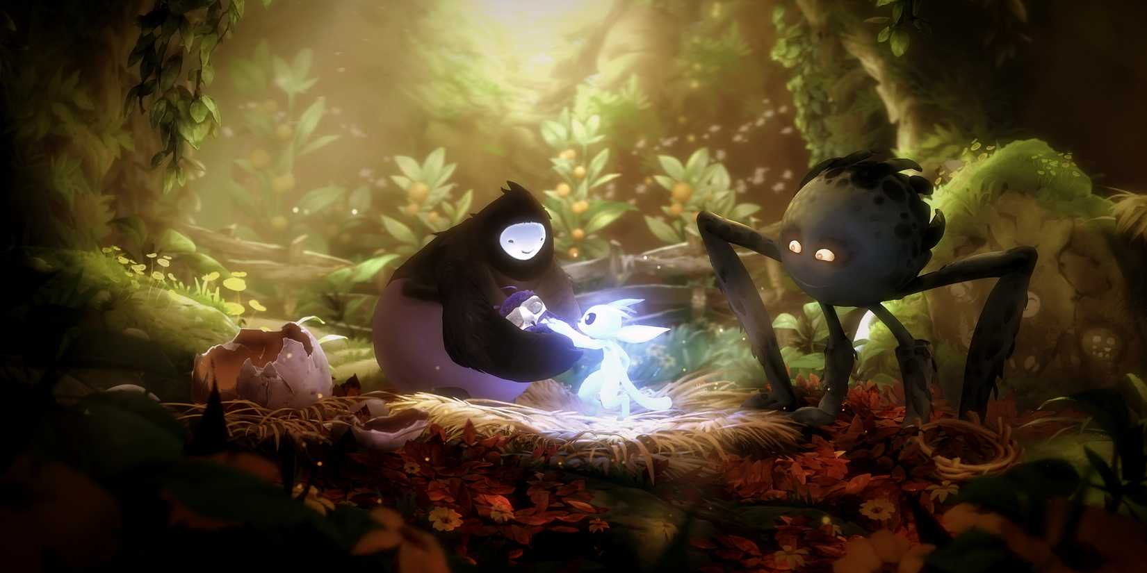 Ori comforts a sleeping owl in the arms of Sein in Ori and the Will of the Wisps. A spider-like creature stands next to the group, watching the owl sleeping peacefully.