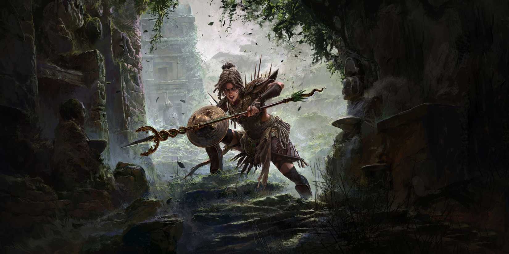 Path of Exile 2 Huntress holding out a spear and buckler in a jungle