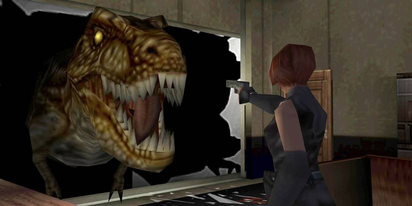 Regina aus Dino Crisis richtet eine Pistole auf einen T-Rex, der ein Glasfenster durchbricht