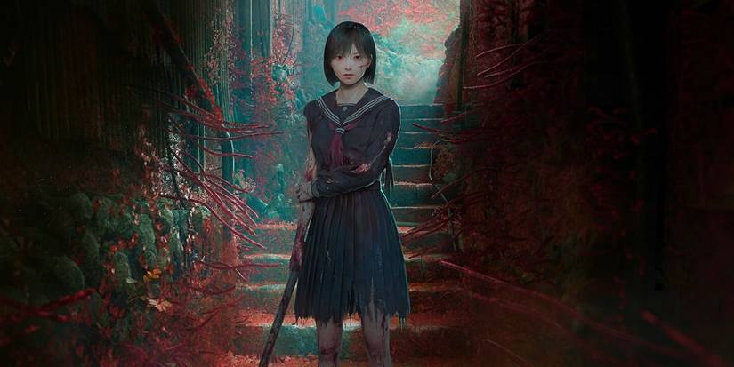 Shimizu Hinako standing with a pipe, surrounded by red fleshy vines in Silent Hill f