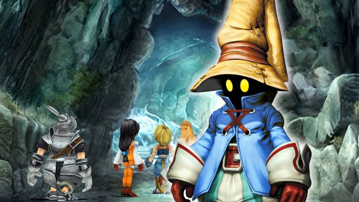 Vivi overlaid onto an image of the Final Fantasy 9 party adventuring in a cave