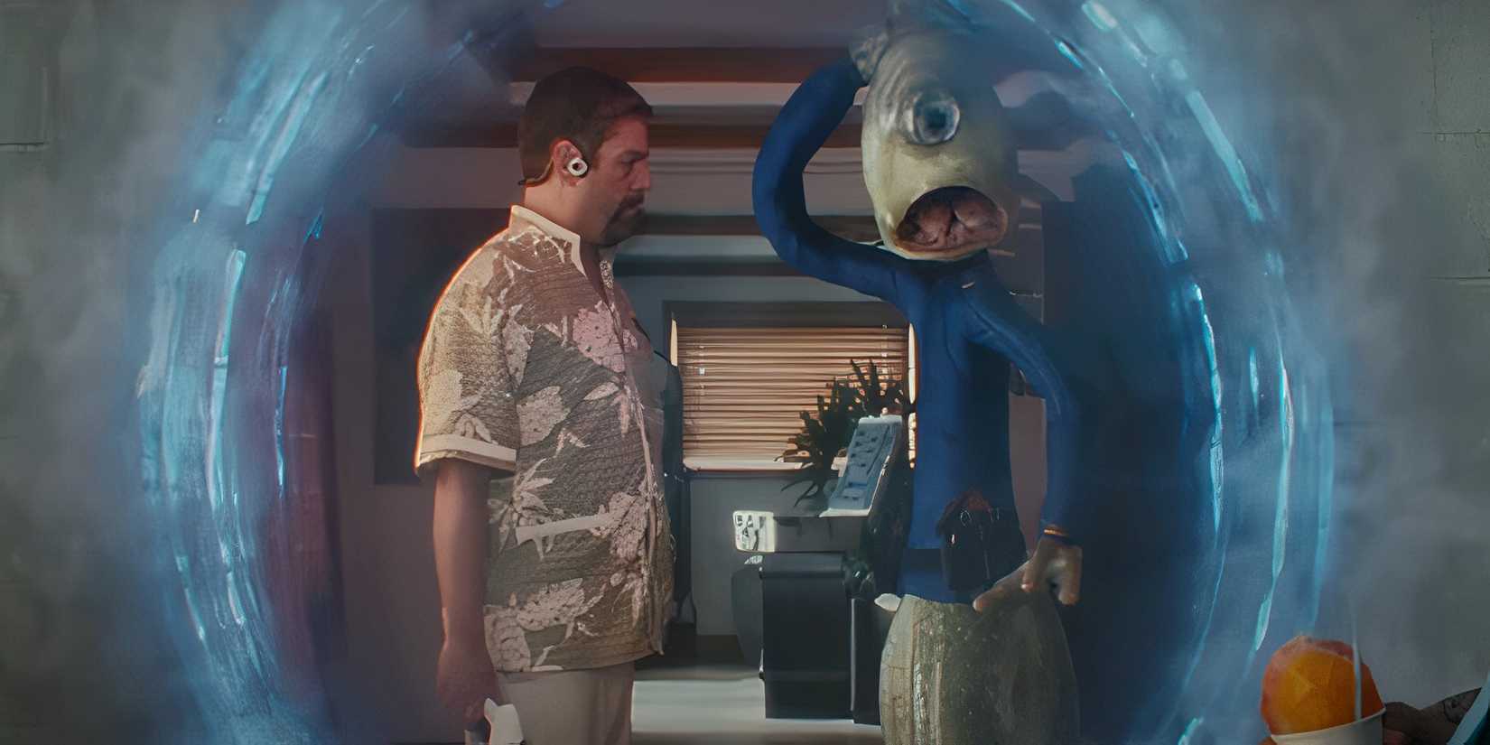 Pleakley looking through a portal in panic next to Zach Galifianakis as Jumba in Lilo and Sтιтch 2025