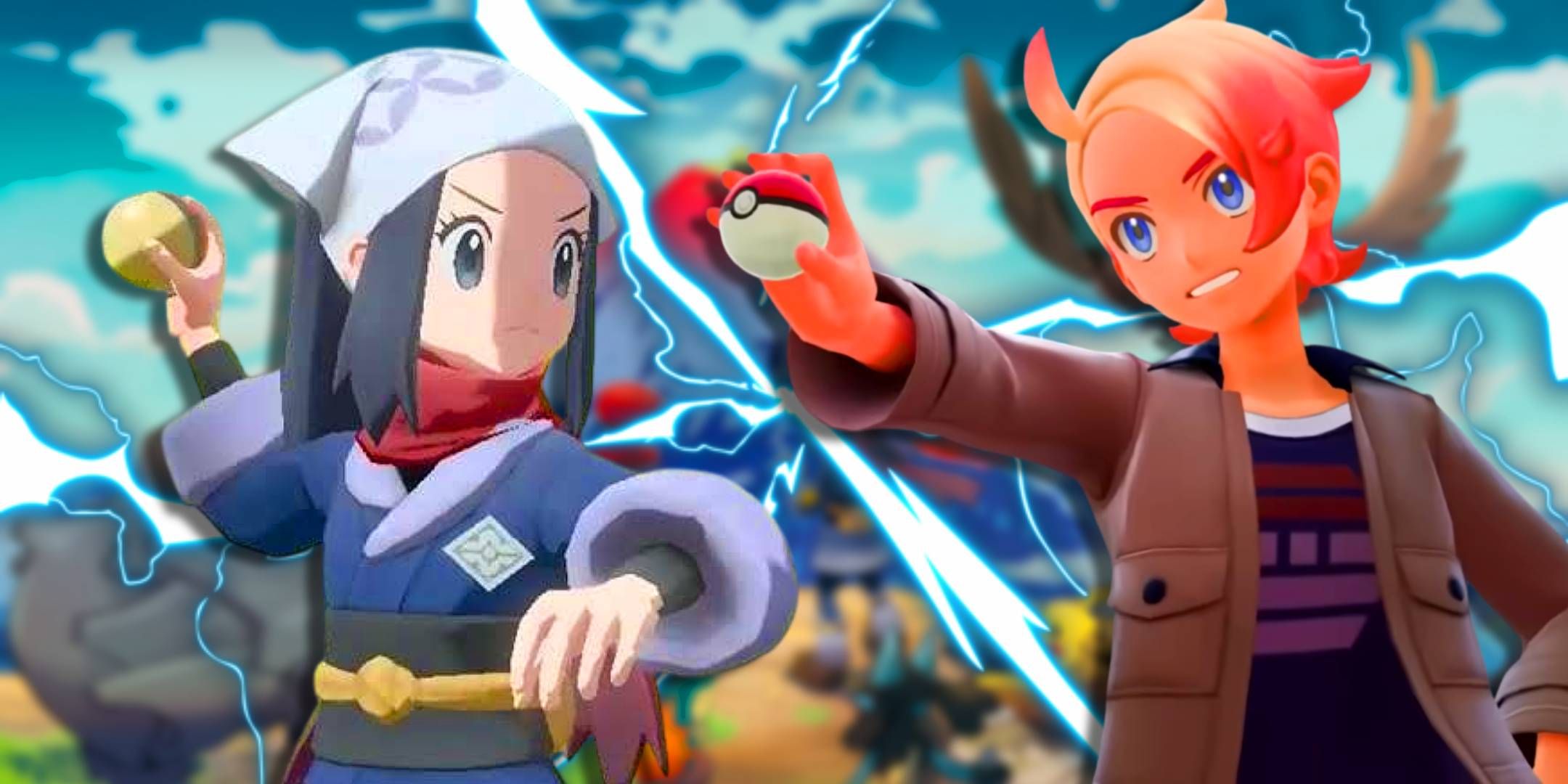 Trainers from Pokemon Legends Z-A and Pokemon Legends Arceus with key art from Arceus behind them.