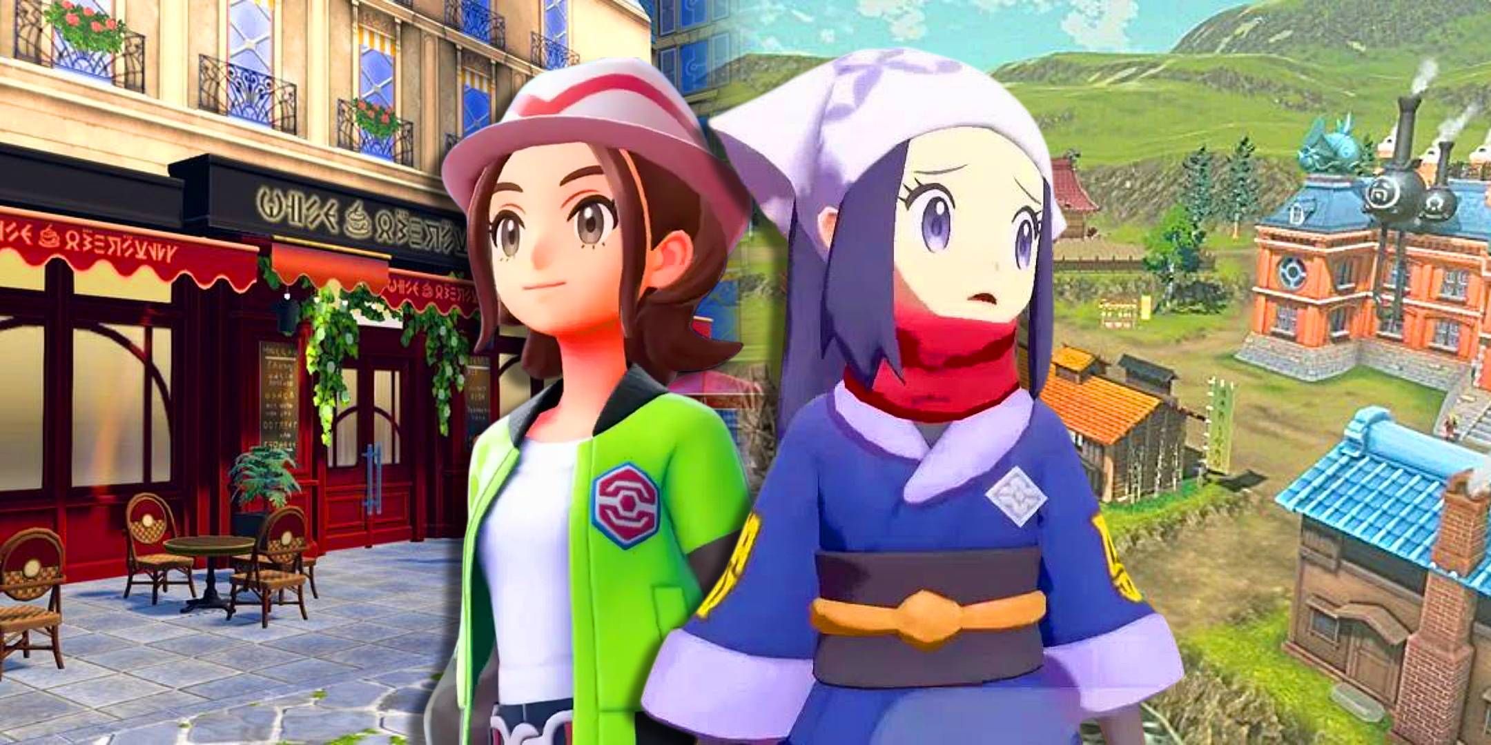 The protagonists of Pokemon Legends Z-A and Pokemon Legends Arceus looking at their respective cities.