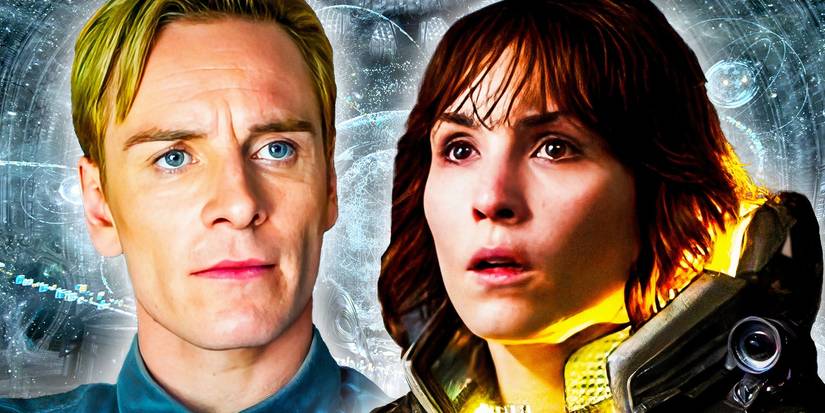 Uma imagem editada de David e Shaw em Prometheus com o mapa azul brilhante de Prometheus ao fundo.