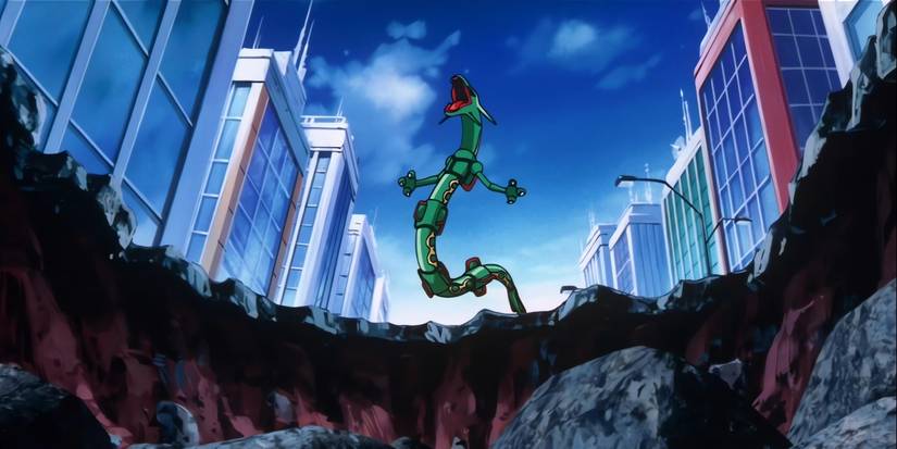 Rayquaza in einer zerstörten Stadt, schreiend zum Himmel.
