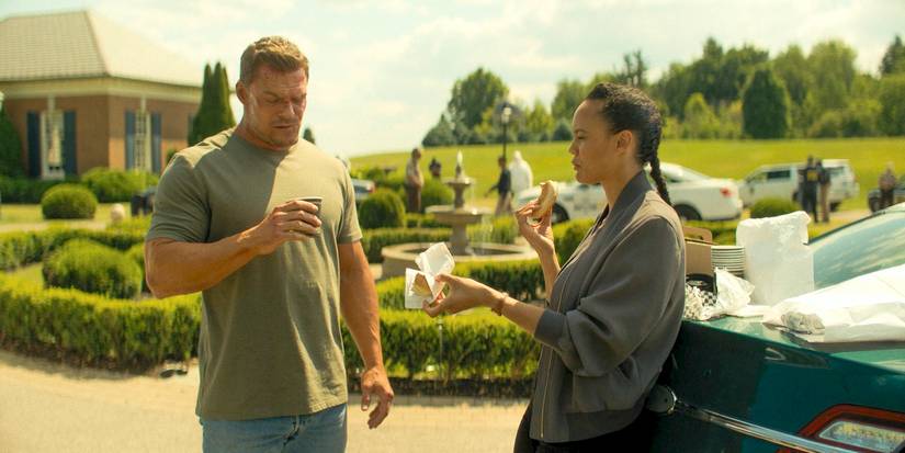 Jack Reacher (Alan Ritchson) and Frances Neagley (Maria Sten) enjoying coffee and a donut in Reacher Season 3 Ep 8