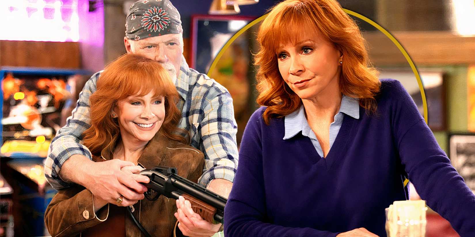 Reba as Bobbie scowling and smiling while spending time with Emmett in Happy's Place season 1