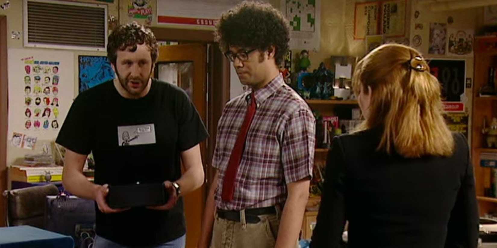 Roy, Moss, and Jen in their office in The IT Crowd